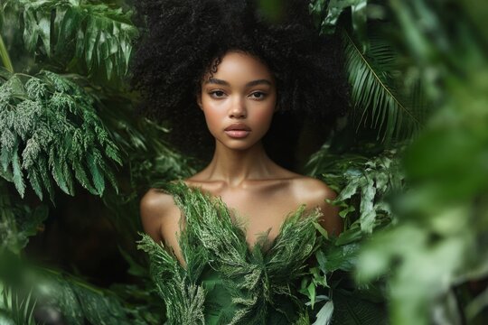 Beautiful fashion model wearing a dress made of tropical leaves, posing in a lush jungle setting, creating a captivating image