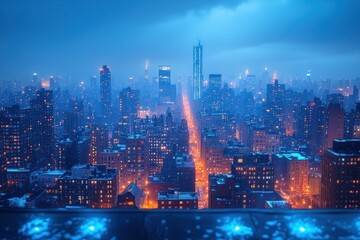 Nightfall over a vibrant urban skyline showcases glowing city streets and towering buildings under a moody blue sky