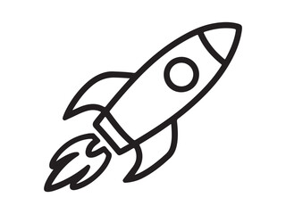 Outline rocket ship with fire. Isolated on white. Flat line icon. Vector illustration with flying rocket. Space travel. Project start up sign. Creative idea symbol. Black and white