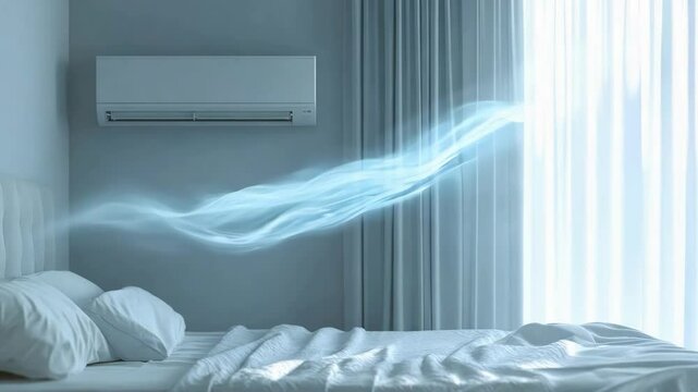 Serene Bedroom with White Air Conditioner, Flowing Curtains, and Cozy Bed Ambiance