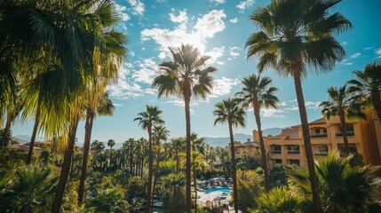 Photo of palm trees, tropical vibes, blue sky, high-angle shot