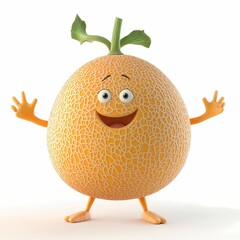 Cantaloupe, a beautiful and funny 3D cartoon illustration on a clean white background.  