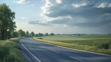 A highway road with dark storm clouds on the horizon