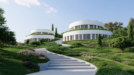 Obraz premium Sustainable community through innovation for well-being Modern houses on a lush, landscaped hillside pathway.