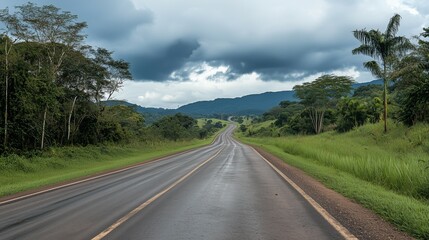 Fototapeta premium A highway road with dark storm clouds on the horizon