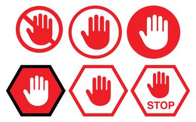 Set of Stop street icon collection. Stop hand sign with text. Red stop sign. Vector Illustration.