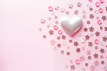pink silver stars heart shaped isolated on festival background, valentine's day concept
