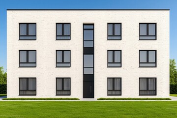 Sustainable community through innovation for well-being Modern building facade with large windows and greenery.