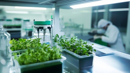 A sophisticated industrial biotechnology research facility with scientists genetically modifying organisms for sustainable agriculture and food production, Biotechnology research facility scene