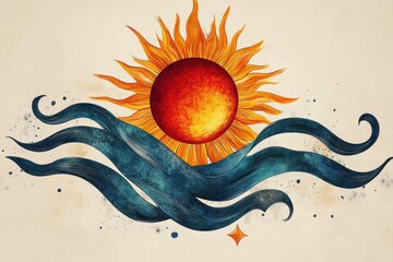 Bright sun rising over stylized waves in a vibrant and artistic representation of nature