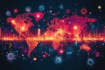 Visual representation of global health data during the pandemic with vibrant graphics and molecular structures