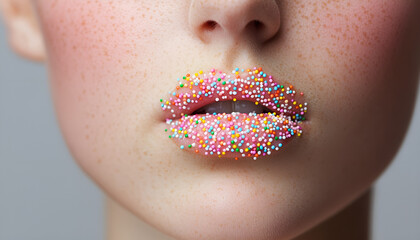 Young woman with beautiful lips covered confectionery sprinkles on gray background, closeup