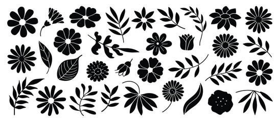 Set of flower and leaf silhouettes. Hand drawn floral elements, various leaves and wildflowers and garden blooms. 