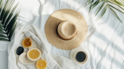 A serene summer scene featuring a straw hat, sliced citrus fruits, and coffee on a white backdrop