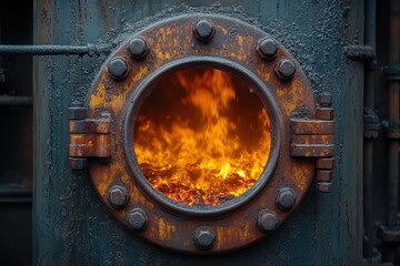 Flames and heat through a circular, rusted porthole in an industrial setting during the day