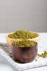 Plant-based mung beans for wholesome dishes in wooden bowl on light gray table background. Healthy plant-based protein, healthy cooking ingredient for vegan recipes and vegetarian diets, copy space