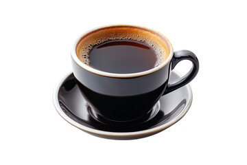 A cup of coffee sits on a saucer , isolated on white background