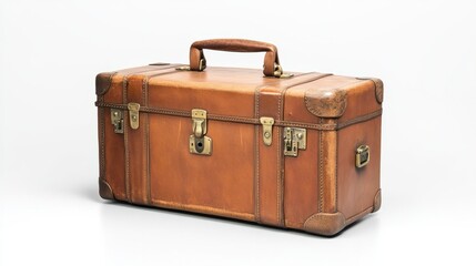 Classic brown suitcase with a leather strap and brass buckles, isolated on a clean white surface 