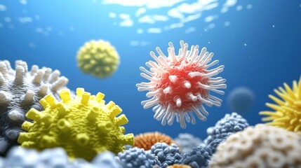 Obraz premium virus and antivirus concept. Colorful microorganisms floating in a vibrant underwater environment.