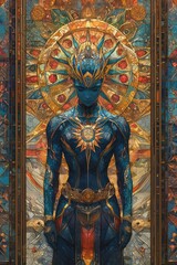 Obraz premium The mystical creature with blue skin and intricate gold patterns radiates an ethereal presence