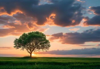 Sunset over field, lone tree silhouette. Peaceful nature scene, desktop wallpaper.