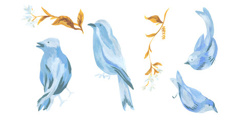 Fototapeta premium Clip art blue birds with leaves and flowers drawn with acrylic on white isolated background. Botanical illustration collection. Designs for greeting cards, stickers, social media, posters.