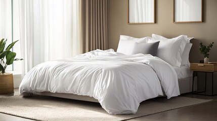 A neatly made bed with crisp white linens, a single gray throw pillow, and a minimalistic nightstand