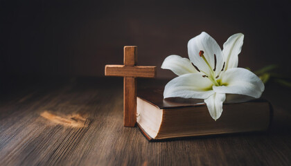 Wooden cross, Holy Bible book and white lily on table. Religion and faith concept. Close-up.