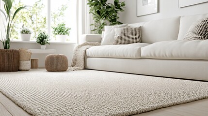 A spotless living room with a white couch, a neutral-colored rug, and no visible decor