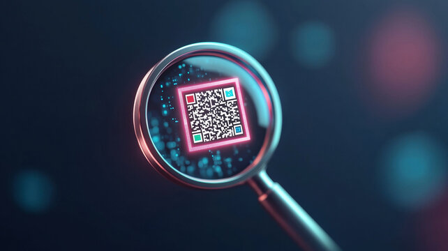 futuristic magnifying glass scanning QR code, revealing intricate details and vibrant colors. image captures essence of technology and innovation