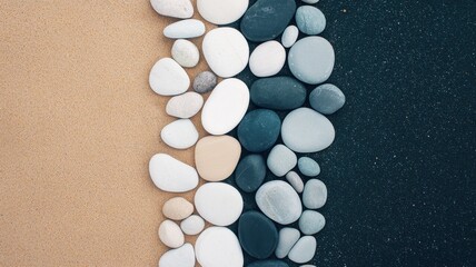 A serene arrangement of smooth pebbles along a sandy shore.