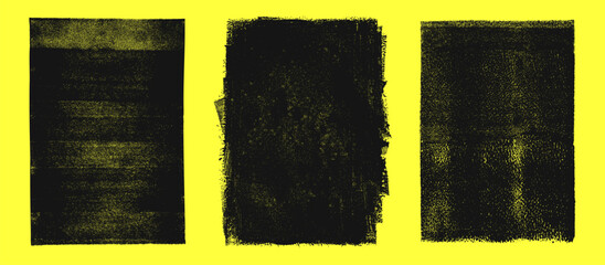 Linocut, relief printing, letterpress rectangle A4 shapes rough textures set, collection. Black linocutting textured backgrounds, text frames. Paint roller geometric stains, lino ink grungy remains	
