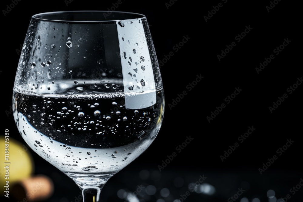 Poster a hyper-realistic close-up of a wine glass with condensation droplets, showing the intricate reflect