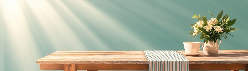 rustic wooden picnic table adorned with vase of flowers and cup, illuminated by soft sunlight, creates warm and inviting atmosphere