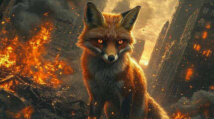 Fire-Eyed Fox Amidst the Ashes of a Once Bustling Metropolis