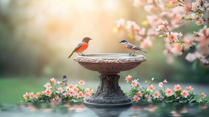 serene birdbath surrounded by blooming flowers and vibrant birds, creating peaceful garden scene. ornate base adds elegance to this tranquil setting
