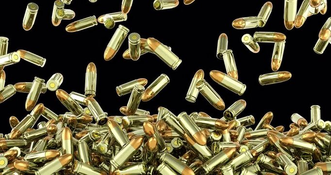 Pistol bullets falling and fill the screen. 3D animation on transparent background