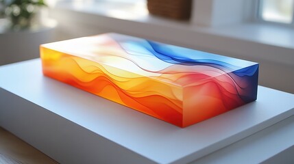 A vibrant, translucent block showcasing flowing colors of orange, blue, and white.