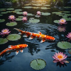 A dazzling koi fish swimming in a crystal-clear pond surrounded by blooming lotus flowers.