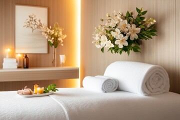 A luxurious body wrap treatment in progress, with calming herbal steam and soft spa lighting creating a serene atmosphere