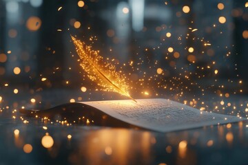 A magical quill glowing with golden light, writing on a scroll that hovers mid-air, surrounded by sparkling runes and an ethereal background