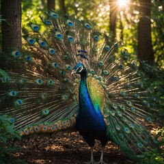 Naklejka premium A vibrant peacock spreading its iridescent feathers, standing in a lush green forest with sunlight streaming through the trees.