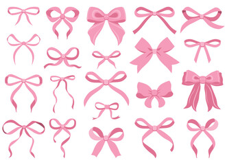 Simple hand drawn pink ribbon bow collection. Bowknot for decoration, big set of bowtie. Large retro ribbon illustration set. Set of various cartoon bow knots, gift ribbons. Valentines day, love sign 