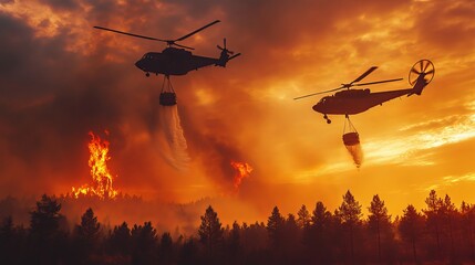 Firefighting helicopters transport water in specialized buckets, enabling them to quickly and efficiently extinguish blazes from the air