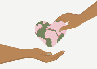 Hands Holding Heart-Shaped Earth Environmental Care Illustration. Environmental protection and global care. Eco-friendly valentines day. Sustainable love. Flat style. Vector illustration