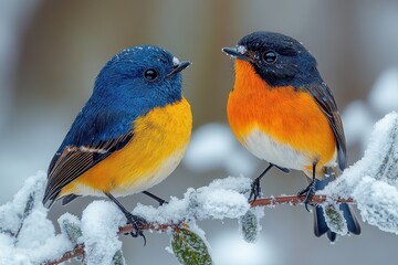Two vibrant birds perched on a snowy branch in a serene winter landscape