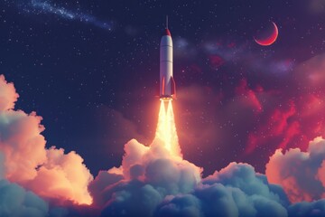 Rocket ship launching from clouds at night with moon and stars in background, concept of space travel and exploration
