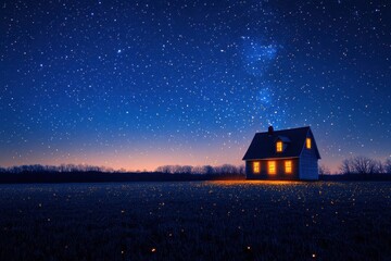 Starry night sky over a cozy cabin surrounded by a serene landscape at dusk