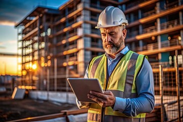 A construction worker, a chief foreman in a helmet and a protective vest with a tablet in his hands on a construction site, demonstrating the introduction of technology into construction.