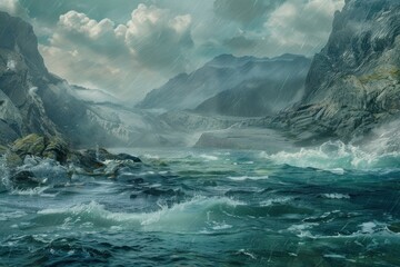 Dramatic scenery of stormy sea waves crashing against a rocky coast during heavy rainfall, creating a powerful and moody atmosphere